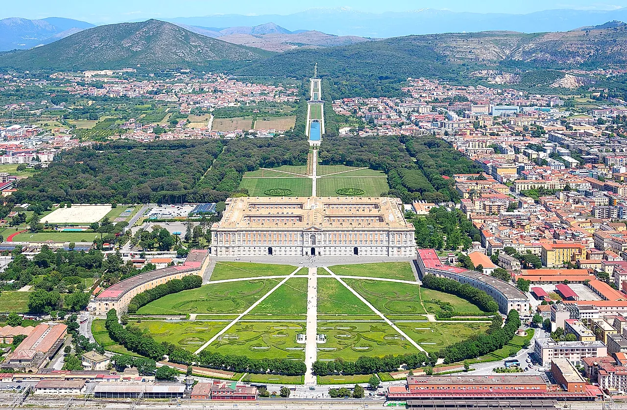Aerial view of the Royal Palace of Caserta from the south